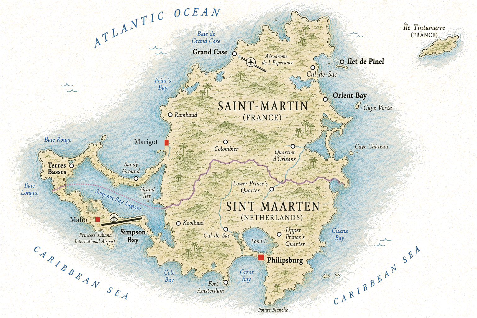 Illustrated map of Saint-Martin and Sint Maarten